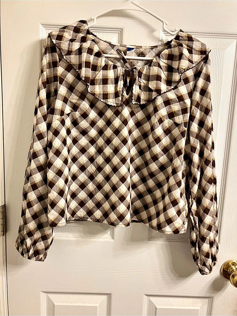 OLD NAVY Long-Sleeve Ruffle Tie-Neck Top Brown & White Size Small
